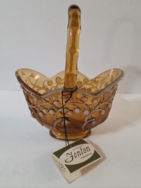 Vintage Fenton Lily Of The Valley Amber Cameo Glass Basket W Tag